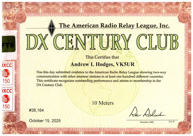 DXCC 10 Metres certificate (VK5UR)
