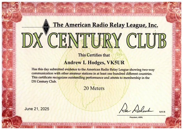 DXCC 20 Metres certificate (VK5UR)