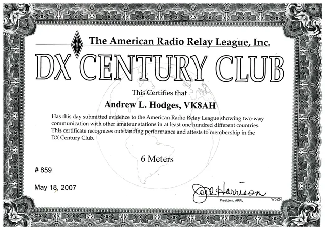 ARRL DXCC 6 Metres certificate for VK8AH