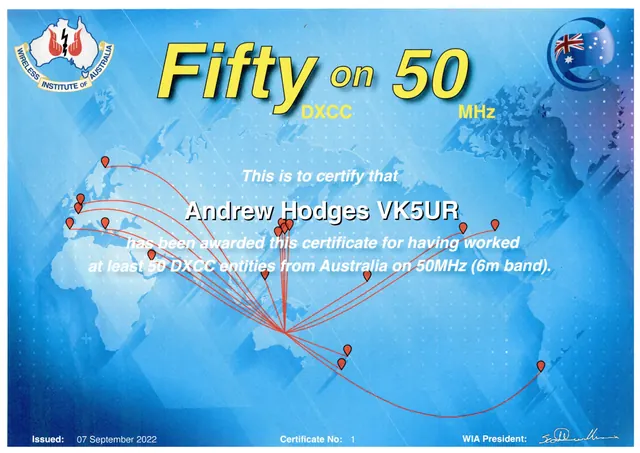 Fifty on Fifty (50 DXCC on 6 m) certificate (VK5UR)