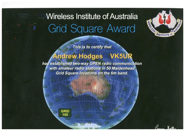 Grid Square Award, 6 m Open certificate (VK5UR)