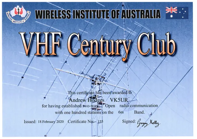 VHF Century Club, 6 m Open certificate (VK5UR)