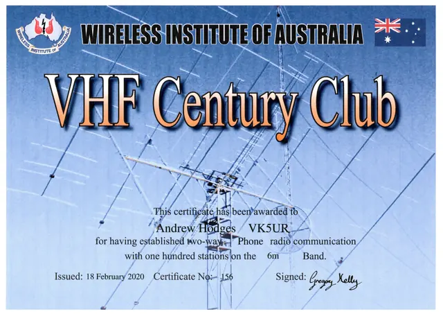 VHF Century Club, 6 m Phone certificate (VK5UR)