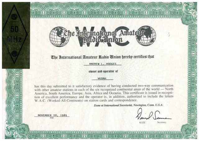Worked All Continents, 6 m certificate (VK8AH)