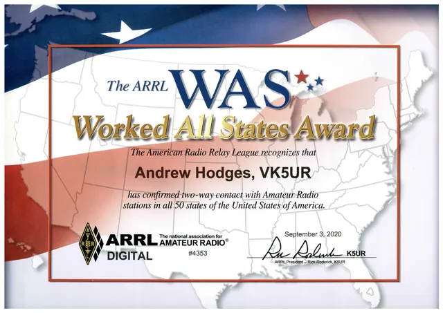 Worked All States, Digital certificate (VK5UR)