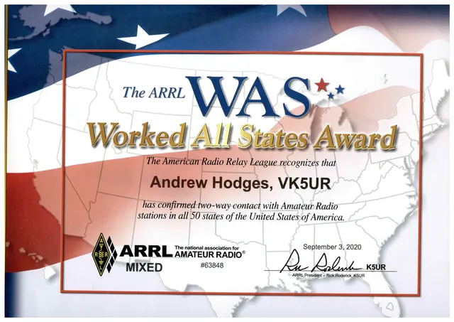 Worked All States, Mixed certificate (VK5UR)
