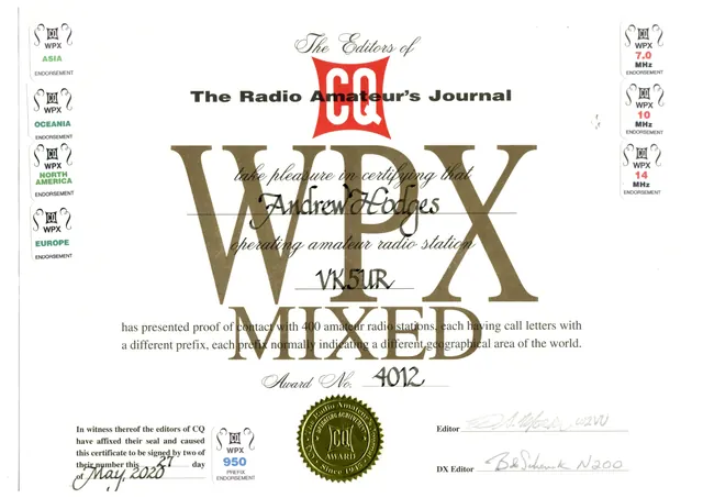 WPX Mixed, 950 prefixes certificate (VK5UR)